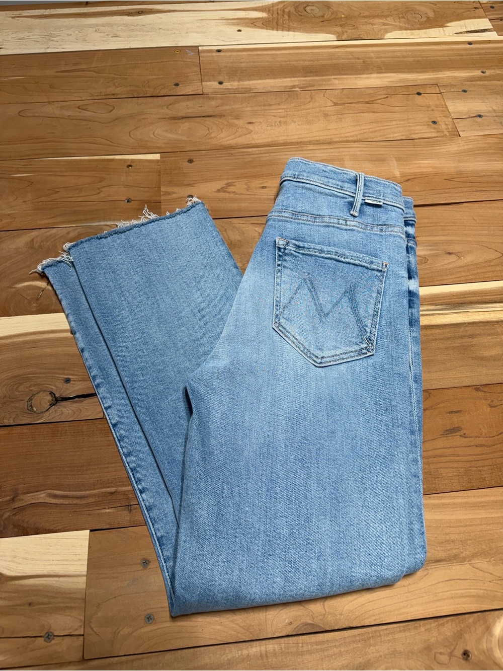 MOTHER The Tomcat High Rise Straight Leg Raw Hem Jeans Light Wash